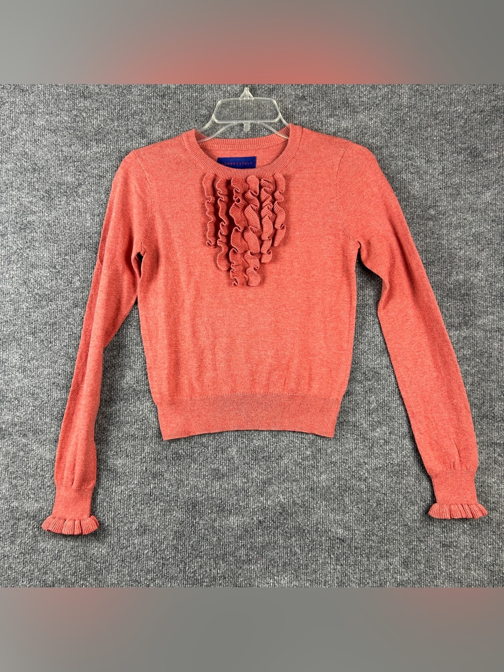 NWT Aeropostale Coral Pink 100% Cotton Ruffle Bib Crewneck Sweater Size Small S
